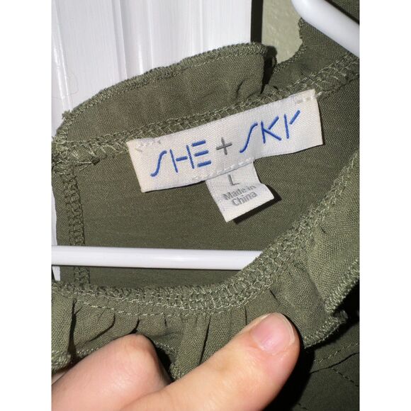 She + Sky Sage Pintuck Detail Tiered Skirt Woven Mini Dress in Olive Sz L - Picture 5 of 5